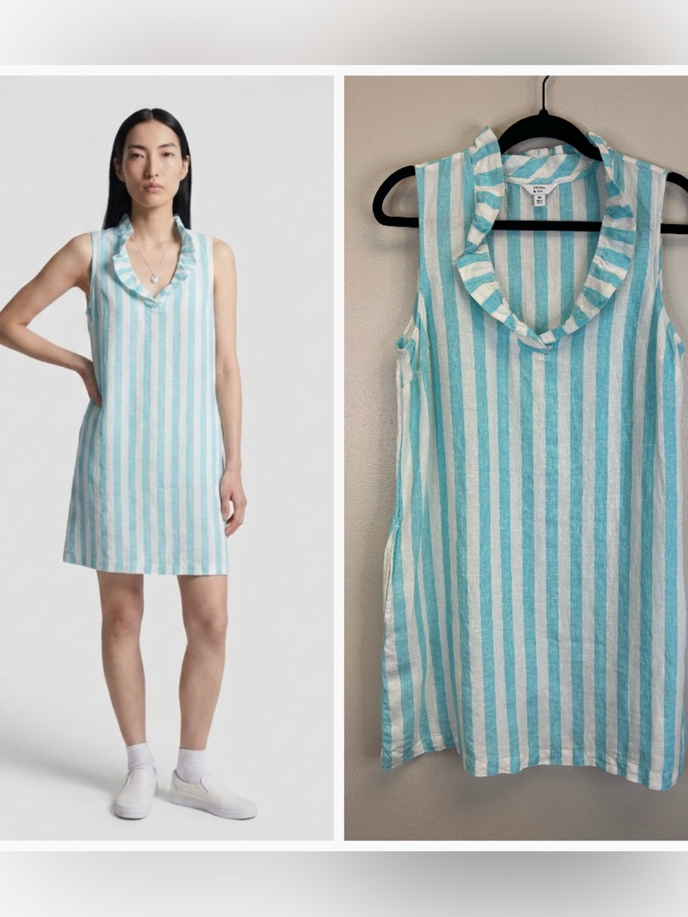Linen Sleeveless Striped Ruffle V-Neck Dress Size M Beachy Pockets‎ Lightweight